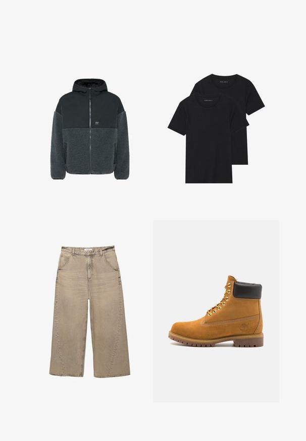 Sateen takki, jossa on musta, sileä yläosa ja harmaa, teksturoitu alaosa. Varustettu hupulla, vetoketjulla ja sivutaskuilla.; Kaksi mustaa puuvillapaitaa lyhyillä hihoilla, pyöreällä kauluksella ja sileällä pinnalla, esillä päällekkäin.; PULL&BEAR MEGA BAGGY - Baggy-farkut - light grey; Valkoinen nahkainen nilkkuri mustalla pehmustetulla kauluksella, kultaisilla metallisilla rei'illä, valkoisella ompeluksella ja jykevällä kumipohjalla, jossa on selvästi näkyvät urat.