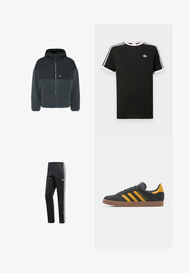 Fleece-lined jacket with a black, smooth upper portion and grey, textured lower section. Features a hood, zip closure, and side pockets.; Black t-shirt made of cotton with white accents. Features short sleeves, raglan design, and a small logo on the chest. Three white stripes on shoulders.; Black athletic pants with white three-stripe accent on the sides, elastic waistband, and a small logo near the hip. Smooth fabric texture.; Black suede sneaker with yellow accents, featuring three stripes and a brown rubber sole. Includes a padded tongue for comfort.