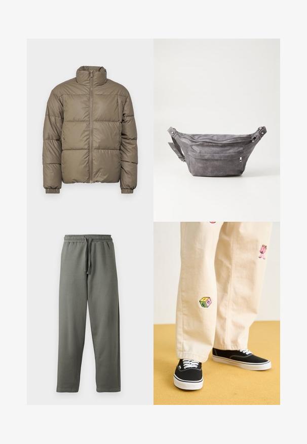 Puhasta jakna v olivno zeleni barvi, z visokim ovratnikom, sprednjim zadrgo in elastičnimi manšetami. Tkanina je gladka s šivanimi paneli.; Siv pulover s kapuco in polovičnim zadrgo, z ribastimi manšetami in ravnim robom. Narejen iz mehke tkanine z gladko teksturo.; Sive trenirke iz mehkega blaga z elastičnim pasom in vezico; imajo ravne hlačnice in minimalne šive.; Bežna bombažna hlače z igrivimi vezeninami, ki vključujejo roza lik in barvni blok, v kombinaciji s črnimi čipkastimi športnimi copati.; Sivkasta zamšasta torbica s okroglo obliko, dvema žepoma na zadrgo in nastavljivim trakom. Ima kovinske dodatke.