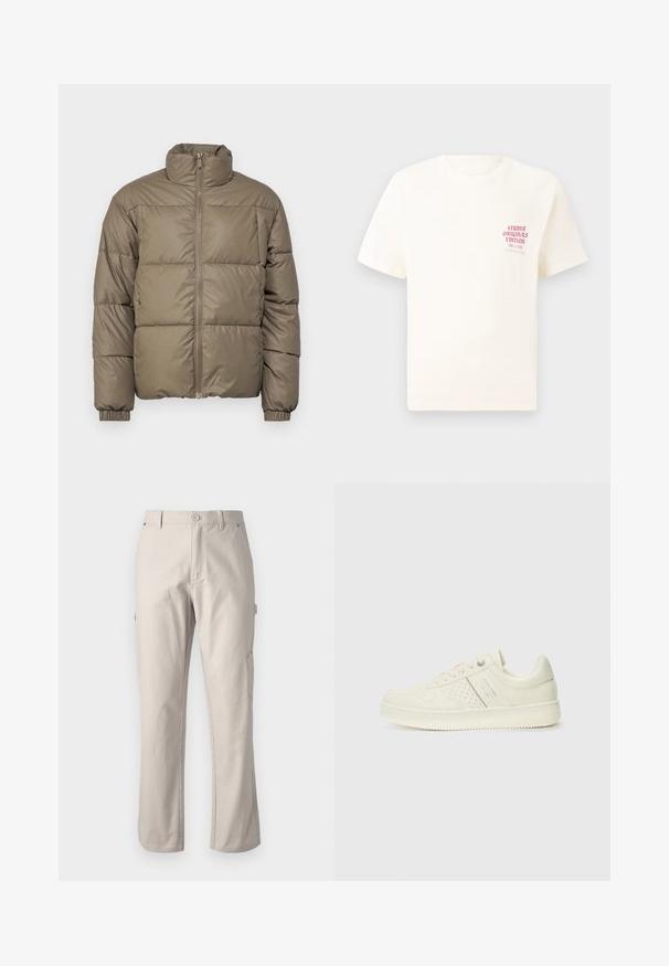 Oliivroheline puhvjakkaar, millel on kõrge krae, esi-visa ja elastsed soonikud. Kangas on sile ja õmmeldud paneelidega.; Valge lühikeste varrukatega T-särk, millel on vasakul rinnal punane tekst "Studio Originals Edition", esitatud neutraalsel hallil taustal.; Beez värvi cargo püksid, mis on valmistatud vastupidavast puuvillast, sirgete jalgadega, ees nuppe sulgemisega ja külgtaskutega utiliidi jaoks. Sile tekstuur koos peente õmblustega.; Koor valged tossud perforatsiooni detailide, nööpide ja külje logo ka, esitatud ühtlase valge tausta ees.