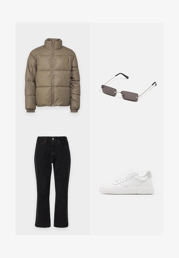 Puffer jacket in olive green, featuring a high collar, front zipper, and elastic cuffs. The fabric is smooth with stitched panels.; White cotton t-shirt featuring short sleeves, crew neck, and a red graphic text "DELICIOUS REFRESHING FRUIT" on the front.; Black denim jeans featuring a straight leg design, five-pocket style, and metal hardware with copper accents. Smooth texture and medium rise.; White leather sneakers with a smooth finish, rounded toe, flat laces, and a textured sole. Grey suede accent at the heel.; Sunglasses with rectangular, dark grey lenses, silver metal frames, and black plastic tips on the arms. Lightweight design with nose pads.