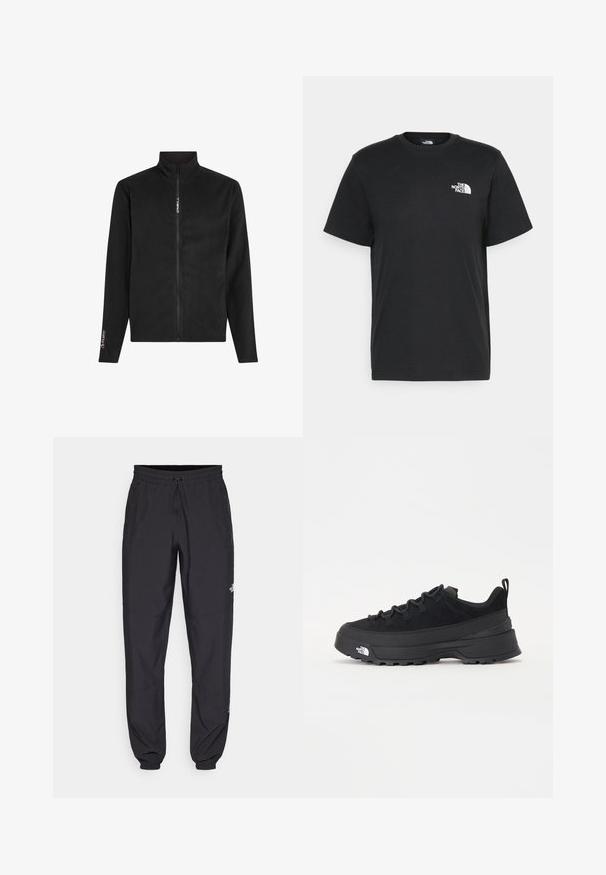 Melnas flīsa jaka ar augstu apkakli, pilnu priekšējo rāvējslēdzēju un garām piedurknēm. Tam ir logo uz krūtīm un piedurknēm. Gluda tekstūra.; Melna kokvilnas T-krekls ar īsām piedurknēm, apaļu kakla izgriezumu un mazu balto logotipu kreisajā krūtīs. Vienkāršs dizains, gluda tekstūra un brīvs piegriezums.; Melni sporta bikses, kas izgatavotas no viegla auduma, ar savelcamu jostu, sānu kabatām un sašaurinātiem apakšējiem galiem pie potītēm.; Melni āra sporta apavi ar zamšādas virsu, teksturētu gumijas zoli un izturīgu auklu sistēmu. Iezīmēts ar pastiprinātu papēdi un zīmola logo sānu daļā.