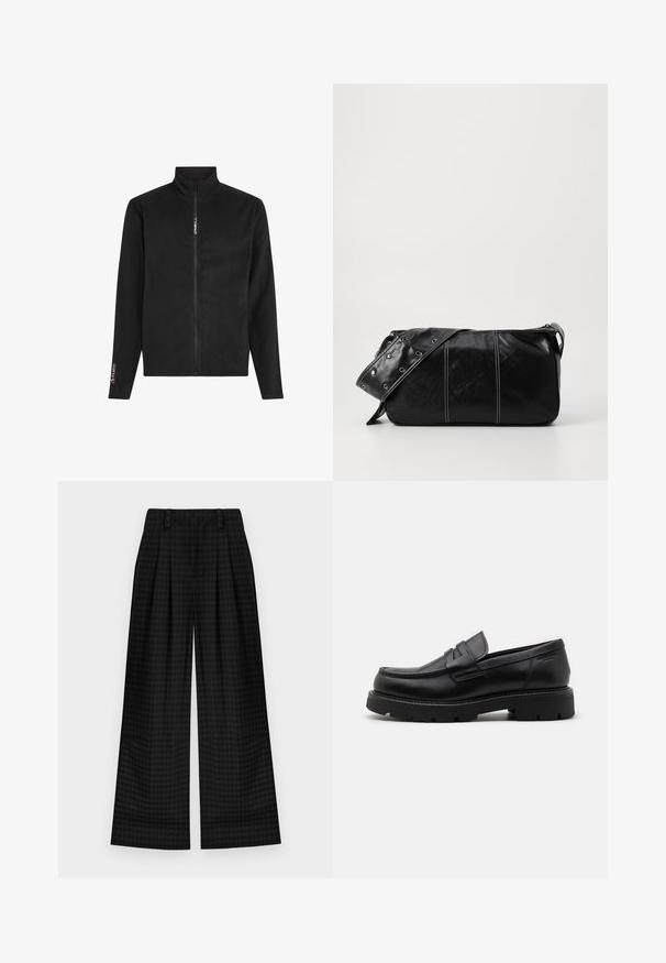 Černá fleecová bunda s vysokým límcem, plným předním zipem a dlouhými rukávy. Obsahuje logo na hrudi a rukávu. Hladká textura.; Černé bavlněné tričko s kulatým výstřihem, krátkými rukávy a texturovaným oválným logem v tmavším odstínu na hrudi. Červená značka na límci.; Černé kostkované kalhoty s širokými nohavicemi a sklady, s hladkým povrchem a klasickým designem. Lehká tkanina pro pohodlí.; Černé kožené mokasíny s kulatou špičkou, texturovanými akcenty na přední části a chunky gumovou podrážkou s drážkami pro lepší přilnavost.; Černá kožená kabelka přes rameno se zapínáním na zip, s texturovaným tělem, bílým prošíváním a popruhem se stříbrnými očky.