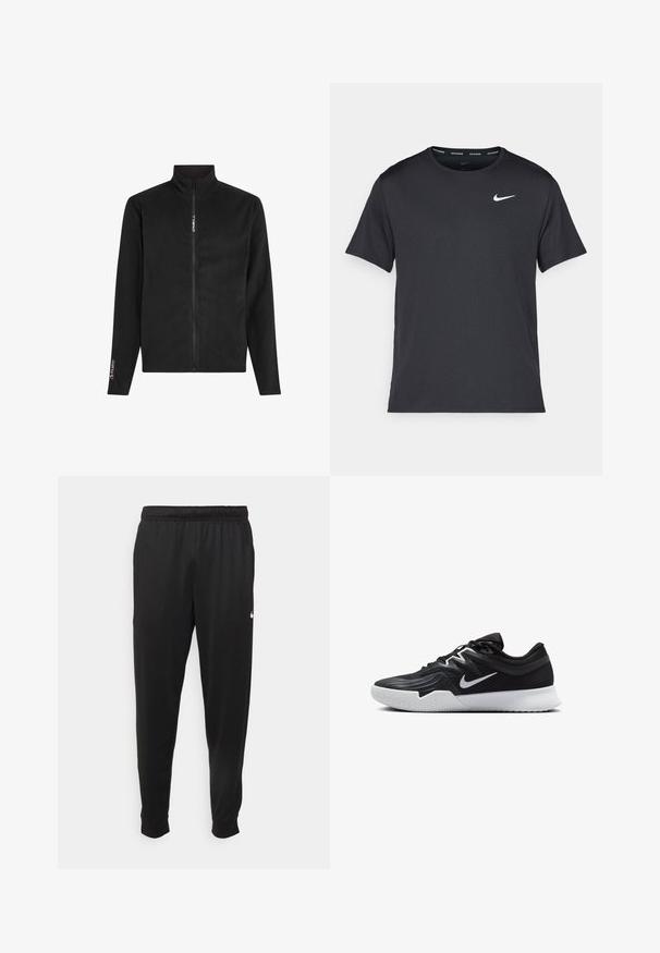 Giacca in pile nera con colletto alto, zip frontale completa e maniche lunghe. Presenta un logo sul petto e sulla manica. Tessuto morbido.; Maglietta da corsa Nike nera realizzata in materiale leggero e traspirante, con maniche corte e un piccolo logo bianco sul petto.; Pantaloni sportivi neri realizzati in tessuto liscio, con una vita elastica, gambe affusolate e un piccolo logo bianco sul lato sinistro.; Scarpa sportiva nera con tomaia testurizzata, logo Nike swoosh bianco e suola in gomma bianca. Presenta un design con lacci e una forma dinamica.