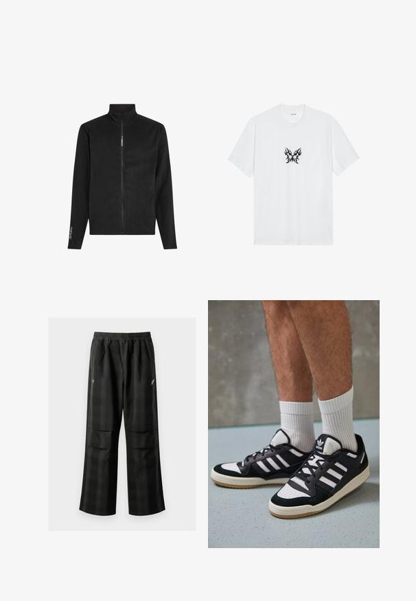 Black fleece jacket with a high collar, full front zipper, and long sleeves. Features a logo on the chest and sleeve. Smooth texture.; White cotton t-shirt with short sleeves and a crew neck. Features a central black flame-patterned butterfly graphic. Smooth texture.; Black plaid pants featuring an elastic waistband, two front pockets, and a loose fit with a straight leg design. Made from lightweight material.; Black and white sneakers with a suede and leather upper, featuring three white stripes, a perforated toe, and a gum rubber sole.