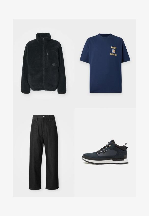 Črna flis jakna z visokim ovratnikom, polnim sprednjim zadrgo in žepom na prsih. Ima teksturirano, mehko površino in logo na žepu.; Navy modra bombažna majica s kratkimi rokavi, z zlatim napisom "Carhartt University" in logotipom na levem prsnem delu.; Črne jeans hlače z ohlapnim krojem, visokim pasom, zadrgo in pet-pocket zasnovo. Vidne šive poudarjajo celoten videz.; Mornarsko modra pohodniška obutev s zgornjim delom iz semiša in tekstila, bela srednja podplata, črn podplat in kovinske oči. Ima zadnji zavihek za enostavno obuvanje.