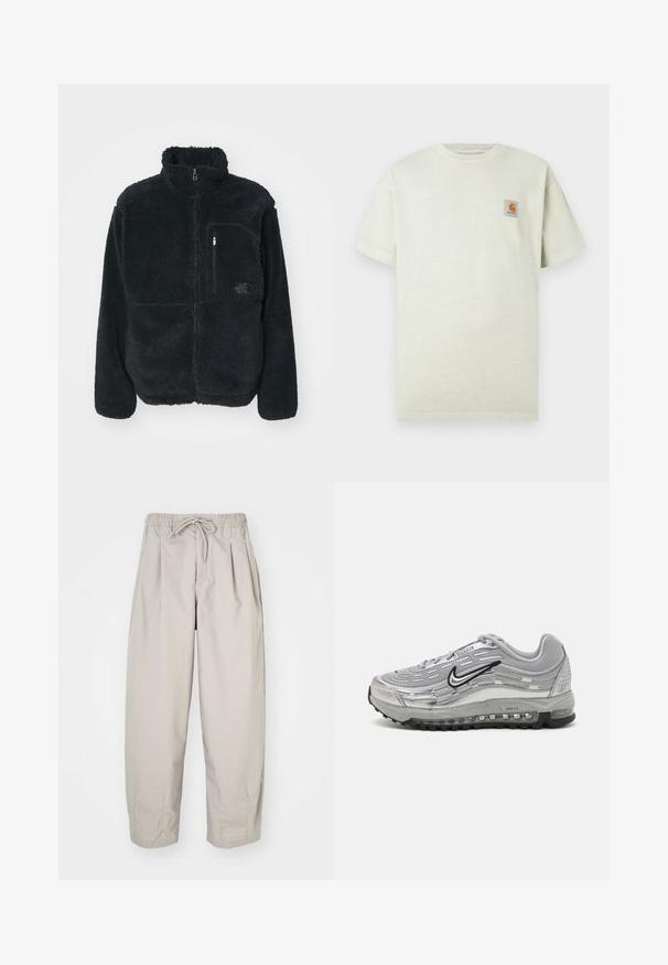 Črna flis jakna z visokim ovratnikom, polnim sprednjim zadrgo in žepom na prsih. Ima teksturirano, mehko površino in logo na žepu.; Svetlo zelena bombažna majica s kratkimi rokavi, okroglo izrezano vratom in majhnim kvadratnim logotipom na levem prsnem delu. Mehka tekstura.; Bež hlače iz lahkega materiala z elastičnim pasom in vrvico. Imajo gube in ohlapen kroj, izdelane so iz mehkega, gladkega blaga.; Sive Nike Air Max športni copati z mrežastim in sintetičnim zgornjim delom, valovitim dizajnom, črnimi detajli in vidno enoto za zračno blazinjenje.