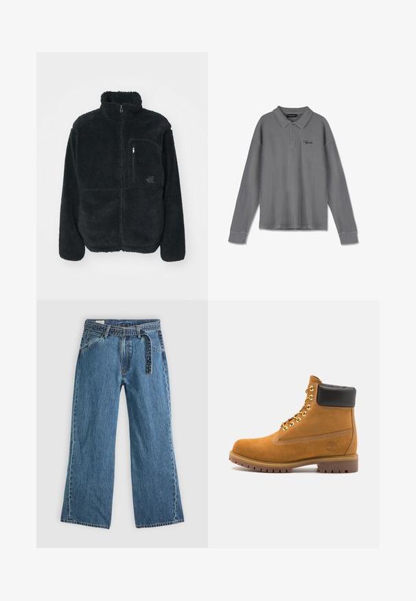 Casaco de lã preto com colarinho alto, fecho frontal completo e um bolso no peito. Apresenta uma superfície texturizada e suave, com o logotipo no bolso.; Polo de mangas longas em tecido listrado cinza. Apresenta um colarinho, uma pala com três botões e uma discreta marcação preta no peito.; Jeans de ganga azuis de perna larga com cinto preso, bolsos frontais e costura visível sobre um fundo claro.; Botim de tornozelo em camurça bege com colarinho acolchoado preto, ilhós de metal dourado, detalhes de costura branca e sola de borracha robusta com sulcos pronunciados.