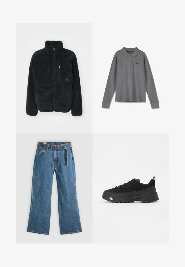 Mustmustükk musta fliisikatega, millel on kõrge krae, täispikkus tõmblukk ja rinna tasku. Omab tekstuurset, pehmet pinda ja logo taskul.; Pikem varrukaga polo särk triibulises hallis kangas. Omab kraed, kolme nupuga lipsu ja diskreetset musta brändimist rinnal.; Sinine denimist laienevate jalgadega teksad, millel on kinnitatud vöö, ees taskud ja nähtav õmblemine helesinise tausta peal.; Must musta jalats, millel on sametised ülemused, tekstuuriga kummist põhi ja vastupidav sidumise süsteem. Omab tugevdust kannaosas ja brändi logo küljes.