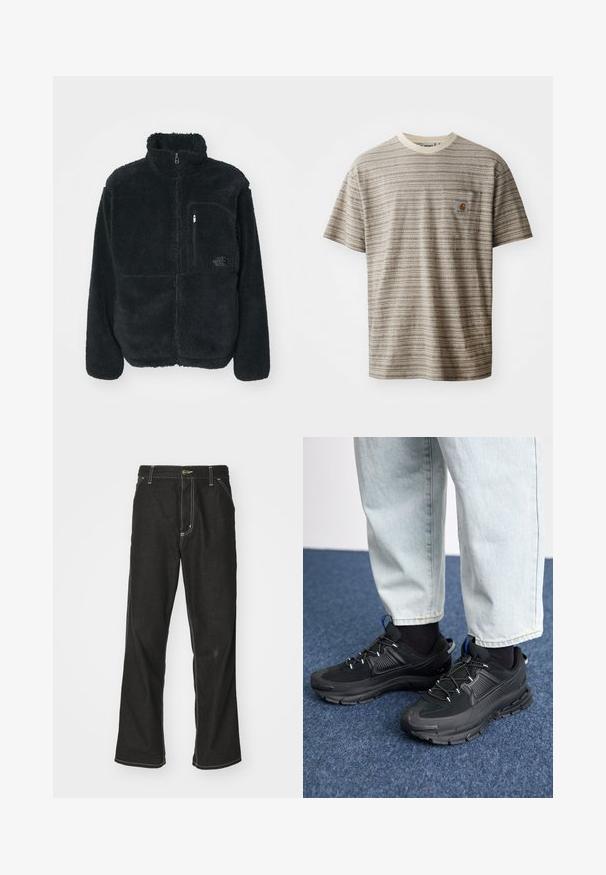 Crna flis jakna s visokim ovratnikom, punim prednjim patentnim zatvaračem i džepom na prsima. Ima teksturiranu, mekanu površinu i logo na džepu.; Majica kratkih rukava sa prugama u bež i smešnoj boji, s okruglim izrezom i džepom na grudima s logom. Teksturisani materijal.; Crne traperice s opuštenim krojem, s kontrastnim bijelim šavovima, zakovicom za zatvaranje i ravnim nogavicama.; Crne atletske cipele s teksturiranom tkaninom i gumene potplate, s elastičnim vezicama i plavim akcentom na peti. Nosene su s svijetlim trapericama.