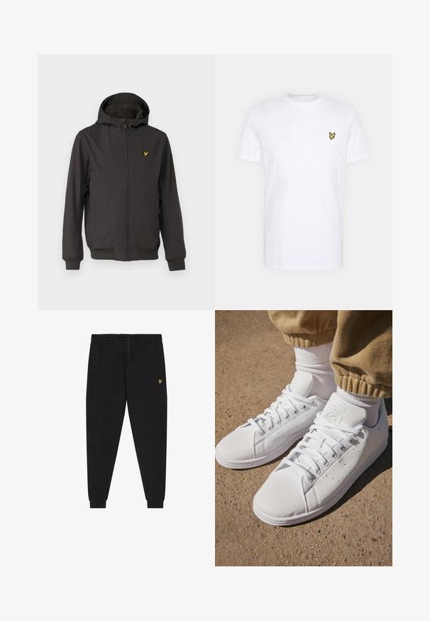 Lyle & Scott Jachetă subțire - gunmetal; Tricou alb din bumbac, cu un mic logo brodat negru și galben pe partea stângă a pieptului. Mâneci scurte și guler rotund.; Pantaloni jogger negri cu talie elastică și șnur, picioare conice cu manșete și un mic logo brodat galben pe coapsa dreaptă.; Adidași din piele albă cu o suprafață netedă, având un design clasic cu șireturi, perforații pentru ventilație și o talpă exterioară din cauciuc texturat.