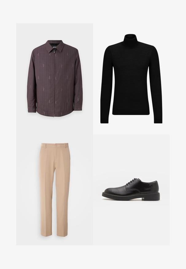 Maroon jacket with vertical stripes and a subtle pattern. Features a front zipper and a classic collar. Made from textured fabric.; Black turtleneck sweater made of soft material, featuring long sleeves and a snug fit. Ribbed trim at the hem and cuffs. Simple design.; Beige trousers made from smooth fabric, featuring a straight-leg design, a front button closure, and subtle crease details along the front.; Black leather lace-up shoe with a rounded toe, smooth texture, minimal stitching, and a low rubber heel. Logo on the heel.