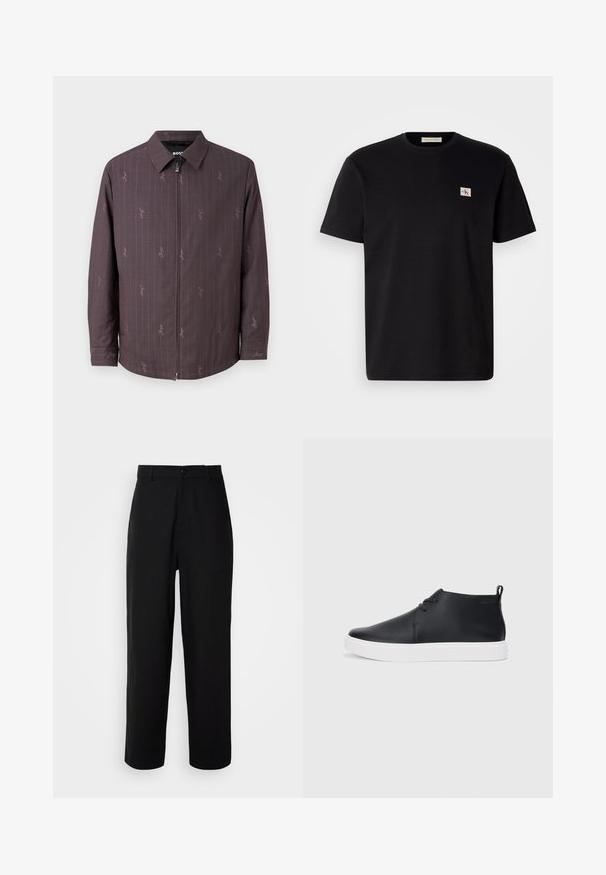 Giacca bordeaux con righe verticali e un motivo sottile. Presenta una zip frontale e un colletto classico. Realizzata in un tessuto texture.; T-shirt di cotone nero con maniche corte, collo rotondo e un piccolo logo ricamato sul lato sinistro del petto. Texture liscia, vestibilità regolare.; Pantaloni neri realizzati in un tessuto liscio, con un design a gamba dritta, chiusura anteriore con bottone e tasche laterali.; Sneakers alte in pelle nera con finitura liscia, suola in gomma bianca e un design semplice con lacci. Presentano un occhiello sul retro.