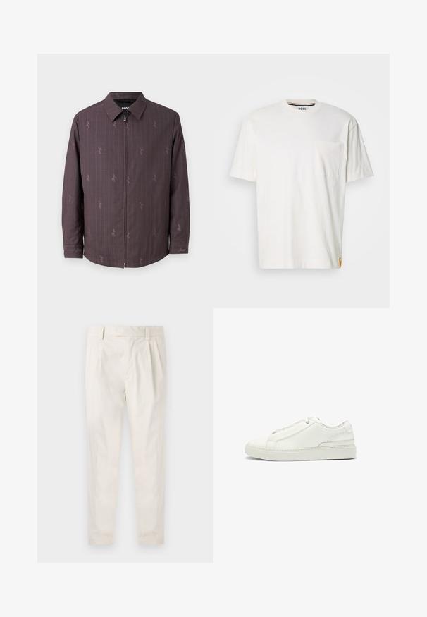 Bordeauxrote Jacke mit vertikalen Streifen und einem dezenten Muster. Merkmale sind ein Frontreißverschluss und ein klassischer Kragen. Hergestellt aus strukturiertem Stoff.; Weißes Baumwoll-T-Shirt mit Rundhalsausschnitt, kurzen Ärmeln und einer Brusttasche auf der linken Seite. Enthält ein kleines Logotag an der Seitennaht.; Weiße, plissierte Hose mit taillierten Schnitt, die eine glatte Textur, Gürtelschlaufen und schmal zulaufende Beine aufweist. Keine sichtbaren Taschen oder Muster.; Weiße Leder-Sneaker mit strukturierter Oberseite, runder Zehenform, minimalistischem Design und Gummisohle mit gestickten Details.