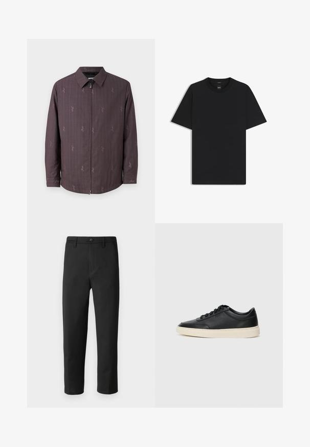 Maronfarvet jakke med lodrette striber og et subtilt mønster. Har en frontal lynlås og en klassisk krave. Fremstillet af tekstureret stof.; Sort kortærmet T-shirt lavet af en glat bomuldsblanding, med en rund halsudskæring og et minimalistisk design uden mønstre eller accenter.; Sort bukser med lige snit, lavet af glat stof. Har knaplukning og bæltestropper. Ingen synlige mønstre eller accenter.; Sort lavt top lædersneaker med sorte snørebånd og off-white sål vist i sideprofil på hvid baggrund.