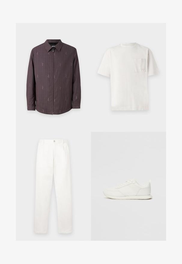 Bordo jakna s vertikalnim prugama i suptilnim uzorkom. Ima prednji zip i klasični ovratnik. Napravljena je od teksturiranog materijala.; Bijela pamučna majica s okruglim izrezom, kratkim rukavima i malim džepom na lijevoj strani prsnog područja, s diskretnom izvezenom logotipom. Glatka tekstura.; Bijele hlače izrađene od glatkog materijala, s ravnim krojem, prednjim nabora i jednim gumbom za zatvaranje u struku.; Bijela tenisica s gornjim dijelom od mrežice i sintetičkog materijala, okrugli vrh, ravne vezice i teksturirani bočni trak. Gumeni potplat s petnim trakicom.