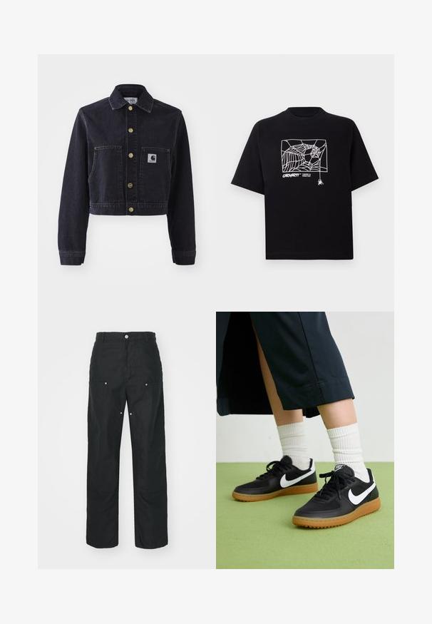 Tumši džinsūdens apgrieztais jaka ar izteiktu apkakli, zeltītām pogām, divām priekšējām kabatām un zīmola logo uz pleca kabatas.; Melnā kokvilnas T-kreklā ir īsas piedurknes. Uz priekša ir balti zirnekļa tīkla grafika un logo. Vienkārša noapaļota izgriezne.; Melnas bikses ar taisniem diegiem, izgatavotas no teksturēta auduma. Satur dekoratīvus sudraba aksesuārus un unikālas vīļu detaļas.; Melna āda un sintētiska materiāla sporta apavi ar baltu Nike logo, gumijas zole, apaļa purngala forma un melni šņores. Redzamas ribotas baltas zeķes.