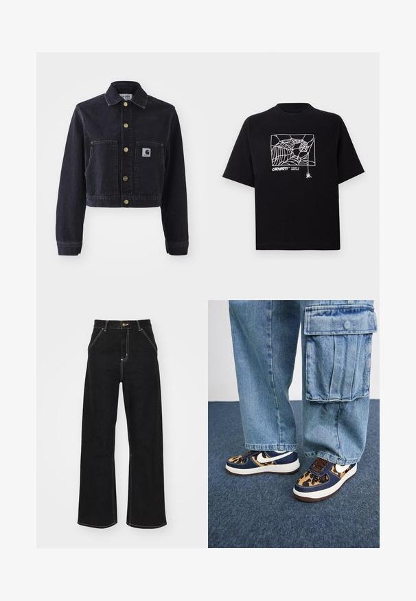 Czarna dżinsowa kurtka sięgająca do talii z ostrym kołnierzem, złotymi guzikami, dwoma przednimi kieszeniami oraz naszywką z logo marki na lewej kieszeni.; Czarna koszulka z krótkim rękawem wykonana z bawełny. Na przodzie znajduje się biały nadruk w kształcie pajęczyny oraz logo. Prosty, zaokrąglony dekolt.; Czarne dżinsy o szerokich nogawkach, wykonane z denimu, z kontrastowym białym szwem i zapięciem na guzik z przodu, posiadające dwie ukośne kieszenie z przodu.; Granatowe sneakersy z akcentami w panterkę, białym logo Nike, brązowymi sznurówkami i białą podeszwą. W połączeniu z jasnymi dżinsowymi spodniami cargo.
