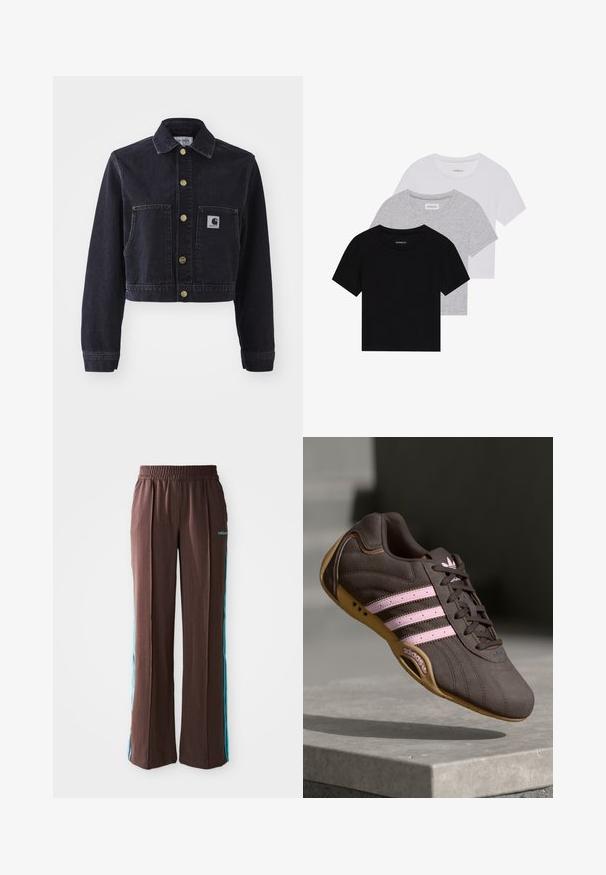 Mørk denim cropped jakke med spidse kraver, guldknapper, to forlommer og et brandlogo-patch på venstre lomme.; Sæt af tre kortærmede t-shirts i sort, grå og hvid. Fremstillet af bomuld, har en rund hals og et enkelt, ensfarvet design.; Brune træningsbukser med ribbet struktur, elastisk talje og turkise side-striber. Har adidas-logoet foran.; Brune ruskind atletik sko med pink striber og logo, med en tekstureret overdel, snørebåndslukning og en gummirubbersål.