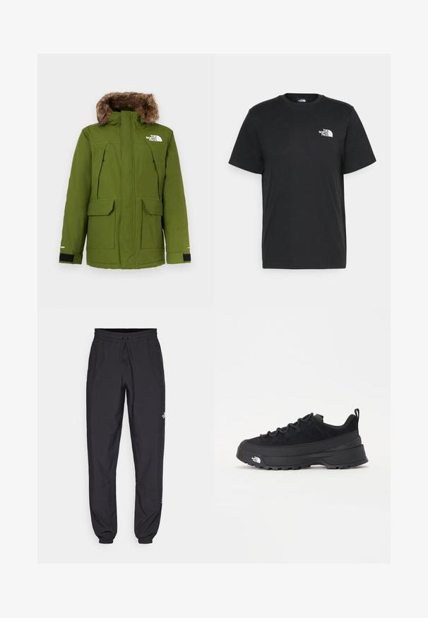 Alyvuogių žalia parka su pūkinėmis gaubtu, dviem priekinėmis kišenėmis, reguliuojamais rankogaliais ir logotipu kairėje krūtinės pusėje. Tekstūruotas audinys.; Juoda medvilninė marškinė su trumpomis rankovėmis, apvaliu iškirpimu ir maža balta logo kairėje krūtinės pusėje. Paprastas dizainas, lygi tekstūra ir laisvas pritaikymas.; Juodos sportinės kelnės, pagamintos iš lengvos medžiagos, su raišteliu liemens srityje, šoniniais kišenėmis ir siaurėjantys apykaklės prie kulkšnies.; Juodas lauko sportinis batelis su zomšiniu viršumi, tekstūruota guma padais ir tvirtas raištelių sistema. Yra sustiprinta kulno dalis ir prekės ženklo logotipas šone.