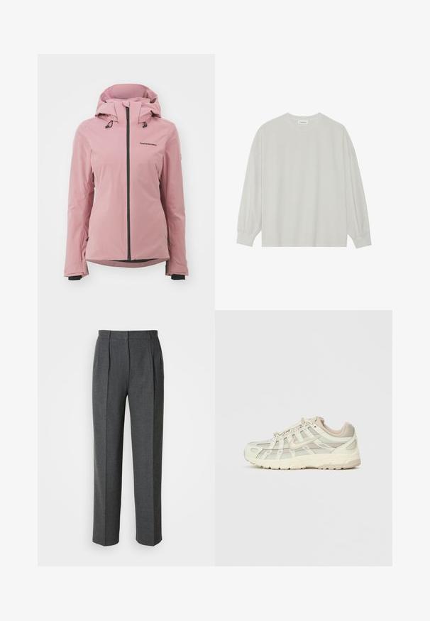 Peak Performance ANIMA JACKET - Snieglenčių striukė - bitter root; Šviesiai pilkas ilgomis rankovėmis marškinėliai, pagaminti iš minkštos medvilnės. Sukurtas laisvam prigludimui, apvaliu iškirpimu ir švelniai susigūžusiomis rankovėmis. Be raštų ar piešinių.; Pilki pritaikyti kelnių iš tekstūrinio audinio. Ypatybės: aukšta juosmens linija, priekiniai klostės ir plačios kojos su tiesiu kirpimu.; Šviesiai smėlio spalvos sportiniai batai su tinklinėmis panelėmis ir paminkštintu padu. Jie turi raištelius, apvalią nosį ir auksinius akcentus šone.