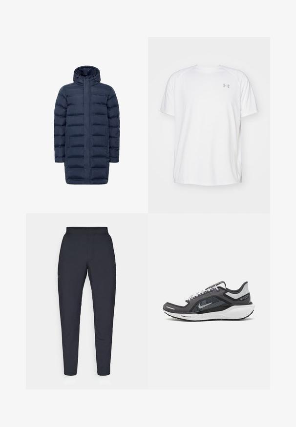 Tengerészkék puffermellény, steppelt dizájnnal, teljes zip-zárral és állítható kapucnival. Oldalzsebekkel és hosszabb sziluettel a jobb lefedettség érdekében.; Fehér, rövid ujjú sportpóló sima anyagból. Kerek nyakkivágással és szürke logóval a bal mellkasnál, az alján oldalsó hasítékokkal.; Fekete sportnadrág sima textúrával, karcsú szabással, rugalmas derékrésszel és oldalzsebekkel. A bal combján egy kis logó található.; Fekete és szürke sportcipő, hálós felsőrésszel, fényvisszaverő részletekkel és fehér középtalppal. A talpa texturált gumiból készült, és fűzőkkel rendelkezik.