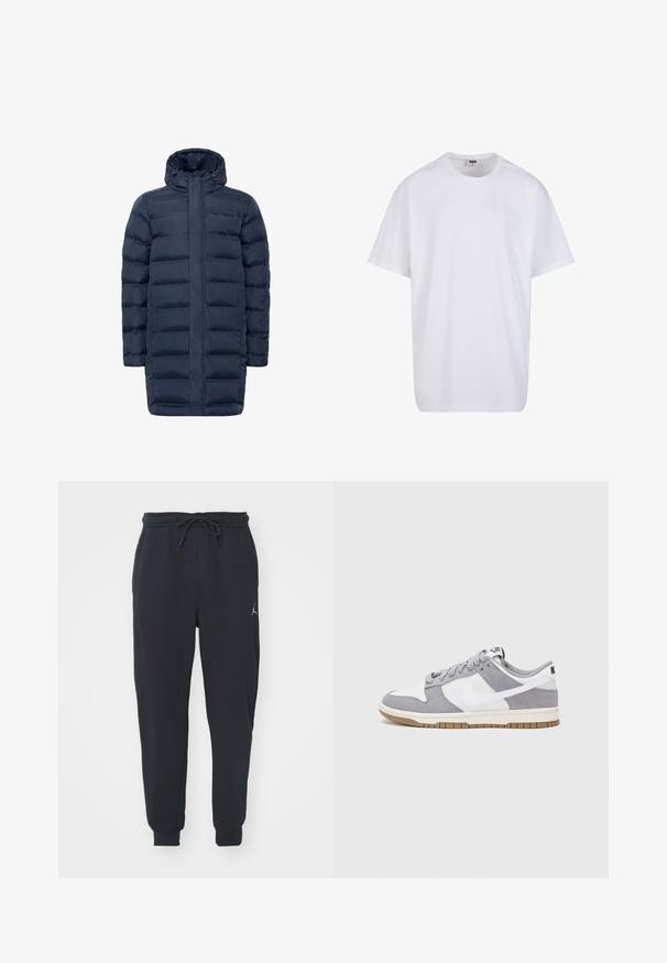 Laivastonsininen puffatakki, jossa on tilkkusaumakangas, täysipitkä vetoketju ja säädettävä huppu. Mukana on sivutaskut ja pidempi siluetti peittoa varten.; Valkoinen puuvillainen t-paita, jossa on lyhyet hihat, pyöreä kaula-aukko, rento istuvuus ja ei näkyviä logoja tai kuvioita. Sileä pinta ja minimaalinen muotoilu.; Mustat juoksuhousut pehmeästä kankaasta, joissa on joustava vyötärönauha ja nauhakuja, ribbikuosiset hihansuut ja pieni logo vasemmassa reidessä.; Harmaa ja valkoinen lenkkari, jossa on mokka- ja nahkapinta, pyöreä kärki, litteät nauhat ja kumipohja, jossa on vaahtomuoviväri.