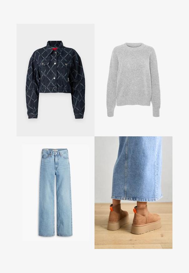 Dunkelblaue, verkürzte Jeansjacke mit geometrischem Steppmuster, silbernen Beschlägen und zwei Fronttaschen. Texturierter Stoff mit klassischem Kragen.; Grauer Strickpullover mit langen Ärmeln, Rundhalsausschnitt, gerippten Bündchen und Saum, mit weicher Textur und lockerer Passform.; Hochgeschnittene, hellblaue Schlagjeans mit Frontknopf und Reißverschluss, Gürtelschlaufen und fünf Taschen.; Braune Wildleder-Plateau-Stiefel mit elastischen Seitenpaneelen und orangen Zuglaschen, kombiniert mit einem knielangen hellen Jeansrock auf einem Holzboden.