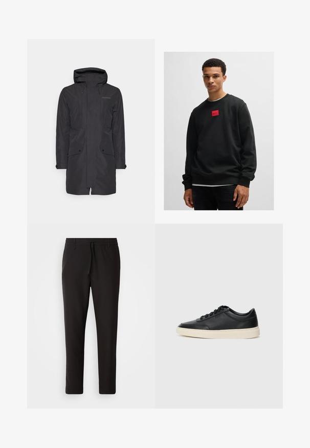 Zwarte parka-jas gemaakt van waterafstotend materiaal, voorzien van een capuchon, verticale naden, twee voorkruiden en trekkoorden accenten.; Zwarte sweatshirt van katoen, met een ronde hals en lange mouwen. Rode rechthoekige patch met de tekst "HUGO" op de voorkant.; Zwarte joggingsbroek van gladde stof. Kenmerkt zich door een elastische tailleband met een trekkoord, taps toelopende benen en geen zichtbare zakken. Eenvoudig ontwerp.; Zwarte leren sneaker met lage schacht, zwarte veters en off-white zool, weergegeven in zijprofiel op een witte achtergrond.