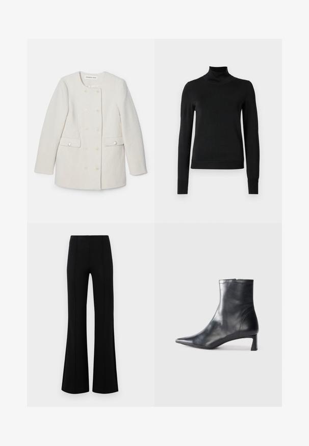 Topelt rinnaga valge mantel, millel on tekstuuriga kangas, ümmargune krae ja kaks eesmist taskut, dekoratiivsete nööpide aktsentidega.; Mustmusterta mustaga pikkade varrukatega kõrge kaelusega sviiter, millel on ribakudumisega mansetid ja äär, esitatud lihtsal valgel taustal.; Mustad põlvpüksid kõrge vöökohaga, valmistatud venivast kangast. Esiküljel on vertikaalsed õmblusdetailid ja sile tekstuur.; Mustad mustall nahkasaabas terava nina ja stiilse disainiga. Omab madalat konts ja luku sulgemist taga. Sile tekstuur.