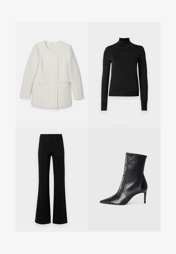 Topelt rinnaga valge mantel, millel on tekstuuriga kangas, ümmargune krae ja kaks eesmist taskut, dekoratiivsete nööpide aktsentidega.; Mustmusterta mustaga pikkade varrukatega kõrge kaelusega sviiter, millel on ribakudumisega mansetid ja äär, esitatud lihtsal valgel taustal.; Mustad põlvpüksid kõrge vöökohaga, valmistatud venivast kangast. Esiküljel on vertikaalsed õmblusdetailid ja sile tekstuur.; Mustad mustajalatsid, mis on valmistatud siledast nahast, omavad teravat nina, kitsast varre ja peenikest kõrget kontsa. Minimalistlik disain, ilma nähtava riistvaraeta.
