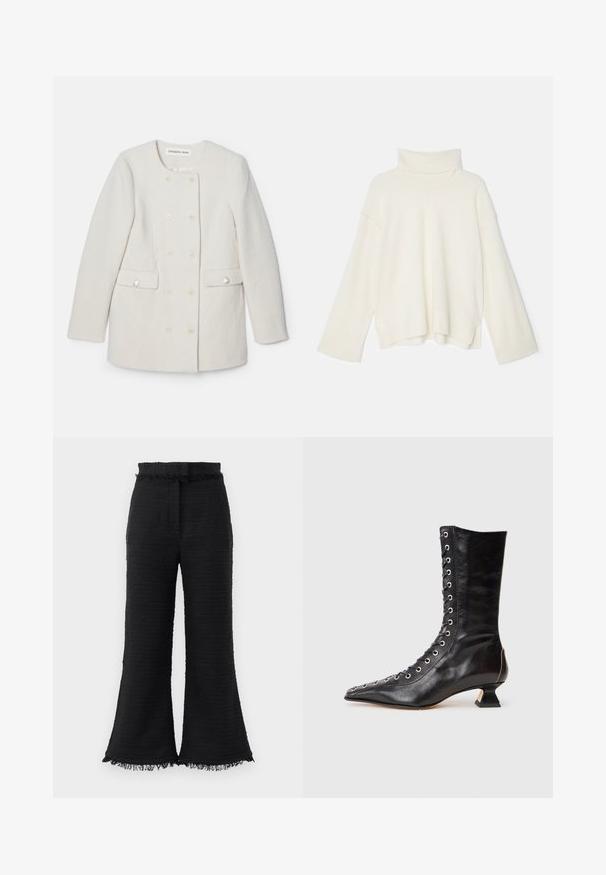 Doppelt gombos fehér kabát strukturált anyagból, kerek gallérral és két elülső zsebbel, díszítő gomb részletekkel.; Világos krém színű, oversized fazonú turtlenecks pulóver, bordázott textúrával, ejtett vállakkal és széles ujjakkal, puha kötött anyagból készült.; Fekete, bő szárú nadrág texturált anyagból, szétfodrozódott szegéllyel és gumis derékrésszel. A dizájn sima felületet és laza illeszkedést kínál.; Fekete bőr bokacsizma hegyes orral, elöl fűzős, fémből készült fűzőlyukakkal, alacsony blokksarkú és letisztult dizájnnal. Sima textúra, modern sziluett.
