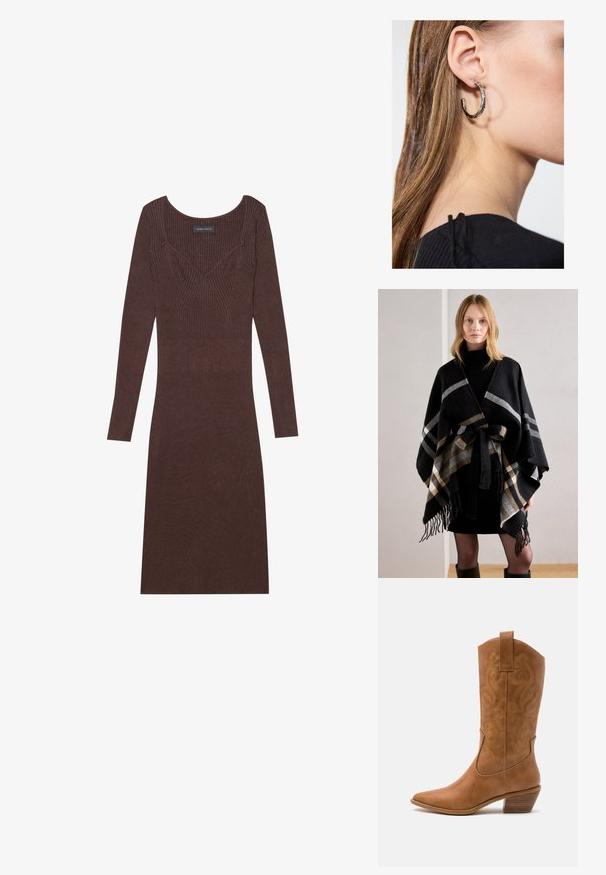 Anna Field Ogrinjalo - black; Rjava rebrasta obleka z dolgimi rokavi in krojenim ovratnikom. Ima prilegnjeno silhueto in detajl šivanja v obliki črke V na bodice.; Rjavi usnjeni kauboj čevlji s koničastim nosom, vezenimi vijugastimi vzorci na zgornjem delu in zloženim kvadratnim peto. Imajo zanko za enostavno obuvanje.; Srebrna obročasta uhana s polirano površino, ki vključuje majhne zlate poudarke in okroglo obliko, nošena na ušesnem lobu.