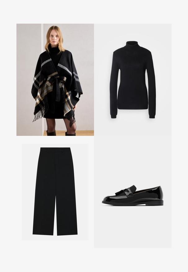 Anna Field - Ponczo; Czarny sweter typu golf wyk wykonany z miękkiego dzianinowego materiału, z długimi rękawami i dopasowanym krojem, z prążkowanym kołnierzem i dołem.; Szerokie czarne spodnie wykonane z gładkiego materiału. Posiadają płaski pas z szlufkami na pasek oraz brak widocznych kieszeni. Prosty design.; Czarne lakierowane mokasyny na płaskim obcasie, z akcentem w postaci frędzelka i gładką powierzchnią, zaprojektowane z okrągłym noskiem i subtelnym przeszyciem.