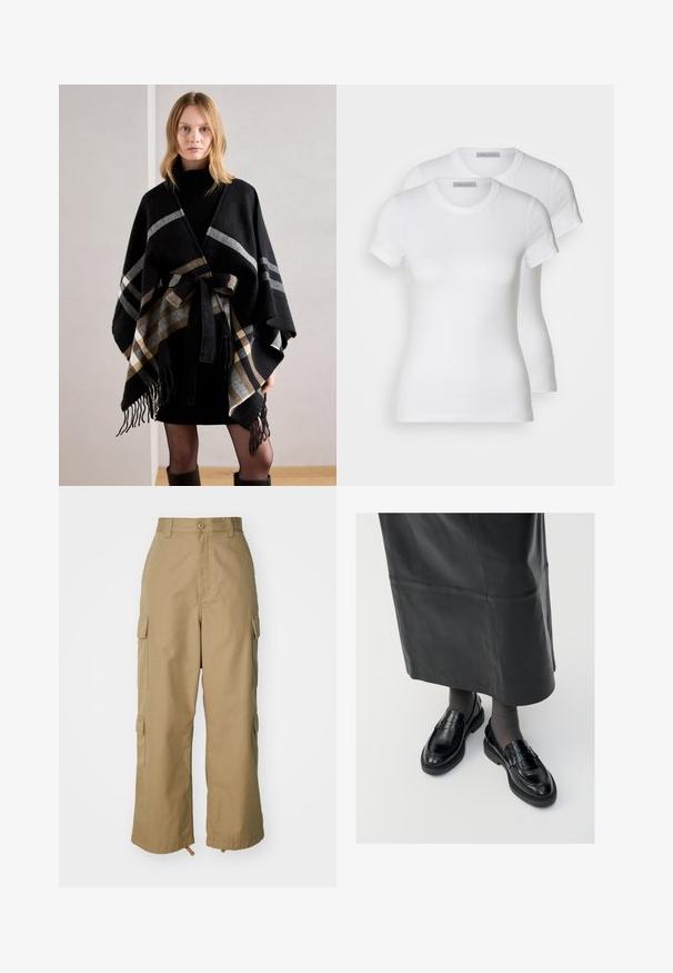 Anna Field Keep - black; Kaks valget puuvillast T-särki lühikeste varrukatega, ümarate kaelustega ja kitseneva siluetiga, millel on sujuv tekstuur ja minimalistlik disain.; Beezid kargo püksid kõrge vöökohaga, laiad jalad ja neli suurt külgtaskut. Valmistatud vastupidavast kangast, millel on sile tekstuur ja minimaalne detail.; Mustad nahast loafertossud sileda pinnaga, dekoratiivse rihma, ümarate varvaste ja tekstuuriga tallaga. Kanda pikkade mustade nahkseelikutega.