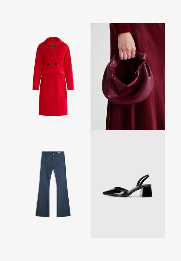 Punainen villasekoitteen takki, jossa on lovettu kaulus, kaksirivinen malli, kaksi etutaskua ja pitkät hihat. Sujuva pinta ja muotoiltu istuvuus.; Burgundy lyhythihainen T-paita, joka on valmistettu pehmeästä puuvillasta. Siinä on klassinen pyöreä kaula-aukko ja rento istuvuus. Yksinkertainen pinta, ei kuvioita tai koristeita.; Tummansiniset leveälahkeiset farkut, joissa on tikatut taskut, nappisuljenta ja sileä pinta. Ominaisuuksiin kuuluu klassinen viiden taskun muotoilu.; Mustat patentoitu nahkakengät, joissa on säären takaosa ja terävä kärki, sekä geometrinen palikkakorko. Sisältää tyylikkään, minimalistisen muotoilun ja sileän pinnan.; Burgundy-nahkakäsilaukku, jossa on pehmeä, ryppyinen muotoilu ja pyöreä muoto. Kahva on kiinnitetty tukevasti, ja siinä on sileä pinta.