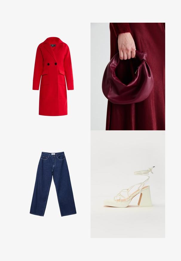 Punainen villasekoitteen takki, jossa on lovettu kaulus, kaksirivinen malli, kaksi etutaskua ja pitkät hihat. Sujuva pinta ja muotoiltu istuvuus.; Lyhythemmtä, pyöreäkauluksista valkoista t-paitaa, joka on valmistettu pehmeästä puuvillasta. Paidassa on yksinkertainen, selkeä muotoilu ilman näkyviä kuvioita tai korostuksia.; Tumma sininen farkut, joissa on leveät lahkeet, nappikiinnitys, viisi taskua ja kontrastivalkoiset tikkaukset. Kankaan pinta on sileä, hieman teksturoitu.; Valkoinen korkokenkä, jossa on paksu korko, ja joka sisältää nauhakiinnityksen ja nilkkaketjun. Sujuva pinta, jossa on platform-etupohja lisäkorkeutta varten.; Burgundy-nahkakäsilaukku, jossa on pehmeä, ryppyinen muotoilu ja pyöreä muoto. Kahva on kiinnitetty tukevasti, ja siinä on sileä pinta.