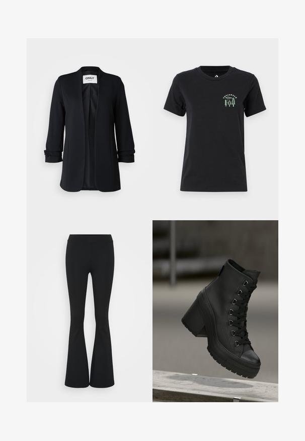 ONLY Tall ONLPOPTRASH LIFE 3/4 LOOSE BLAZER - Rövid kabát - black; Converse FOREST ART TEE - Nyomott mintás póló - black; Fekete harangszárú nadrág, rugalmas anyagból készült, magas derékkal és sima felülettel. A nadrág a térdtől kezdve bővül.; Fekete magasszárú platform csizmák texturált bőrfelülettel, elöl fűzős kialakítással és vastag sarkkal. Gumi talppal rendelkezik, jellegzetes mintázattal.