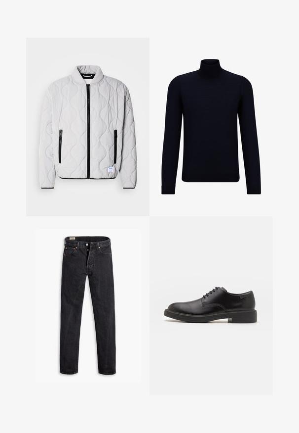 Világosszürke, steppelt dzseki álló gallérral, fekete cipzárokkal és oldalsó zsebekkel. Texturált hullám mintával és logócímkével rendelkezik.; Sötét navy kék garbó pulóver, finom kötött anyagból, hosszú ujjal és testhezálló, magas nyakkal. Nincsenek látható minták vagy díszítések.; Fekete farmernadrág egyenes szabásban. Öt zseb található rajta, két elülső gombzáras kialakítással és finoman kontrasztos varrással. Matt felület.; Fekete bőrcipő, kerek orrú, sima felületű, minimális varrással és alacsony gumitalppal. Logó a sarokrészen.