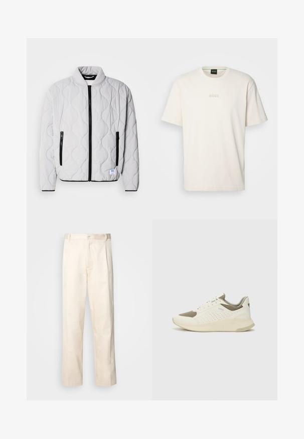 Gaišs pelēks piepūsts jaku ar stāvu apkakli, melniem rāvējslēdzējiem un sānu kabatām. Ietver strukturētu viļņu rakstu un logotipa marķējumu.; BOSS TEE - Pamata T-krekls - open white; Bežā krāsā auduma bikses ar taisnu kāju griezumu, pievienotām pogu aizdares un priekšējiem krokām papildu detaļām.; Baltas un gaiši bež sporta apavi, ar sieta augšdaļu, perforētiem detaļām un teksturētu vidusdaļu ar zīmolu uz papēža.