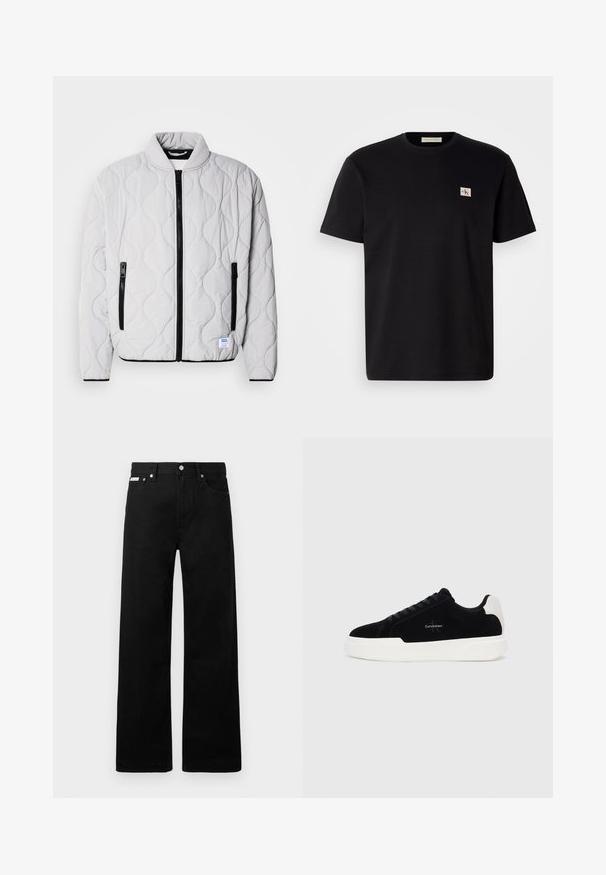 Ανοιχτό γκρι επενδυμένο μπουφάν με όρθιο γιακά, μαύρους φερμουάρ και πλαϊνές τσέπες. Περιλαμβάνει υφή με κυ موجές και ετικέτα λογότυπου.; Μαύρο βαμβακερό μπλουζάκι με κοντά μανίκια, στρογγυλή λαιμόκοψη και ένα μικρό καμπυλωτό λογότυπο στο αριστερό στήθος. Λείο ύφασμα, κανονική εφαρμογή.; Μαύρο τζιν παντελόνι με φαρδιά γραμμή, διαθέτει πέντε τσέπες και μεταλλικά κουμπιά. Λείος υφάσματος, χωρίς ορατά σχέδια.; Μαύρα χαμηλά αθλητικά παπούτσια με λευκή σόλα και τακούνι, με κορδόνια μπροστά και λογότυπο Calvin Klein στο πλάι.