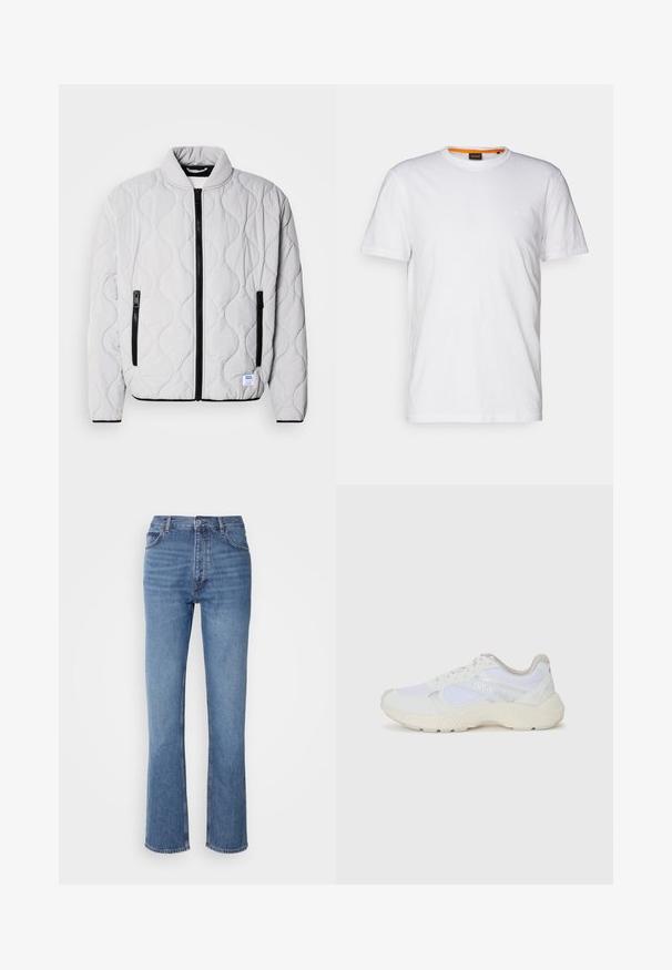 Light gray quilted jacket featuring a stand collar, black zippers, and side pockets. Includes a textured wave pattern and logo tag.; White cotton T-shirt with a crew neck, short sleeves, and a subtle embossed logo on the chest. Interior tag has an orange accent.; Blue denim jeans with a high waist, straight-leg design, and subtle fading. Features classic five-pocket styling and a zip fly closure.; White athletic shoes made of mesh and suede, featuring a textured midsole, textured accents, and "HUGO" logo on the side.