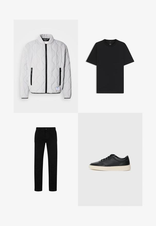 Lichtgrijze gewatteerde jas met een staande kraag, zwarte ritsen en zijzakken. Bevat een getextureerd golfpatroon en merketiket.; Zwarte korte mouwen T-shirt van een gladde katoenmix, met een ronde halslijn en een minimalistisch ontwerp zonder patronen of accenten.; Zwarte katoenen broek met een rechte pasvorm, voorzien van een knoopsluiting, riemlussen en een minimalistisch ontwerp. Glad van structuur, zonder patronen.; Zwarte leren sneaker met lage schacht, zwarte veters en off-white zool, weergegeven in zijprofiel op een witte achtergrond.