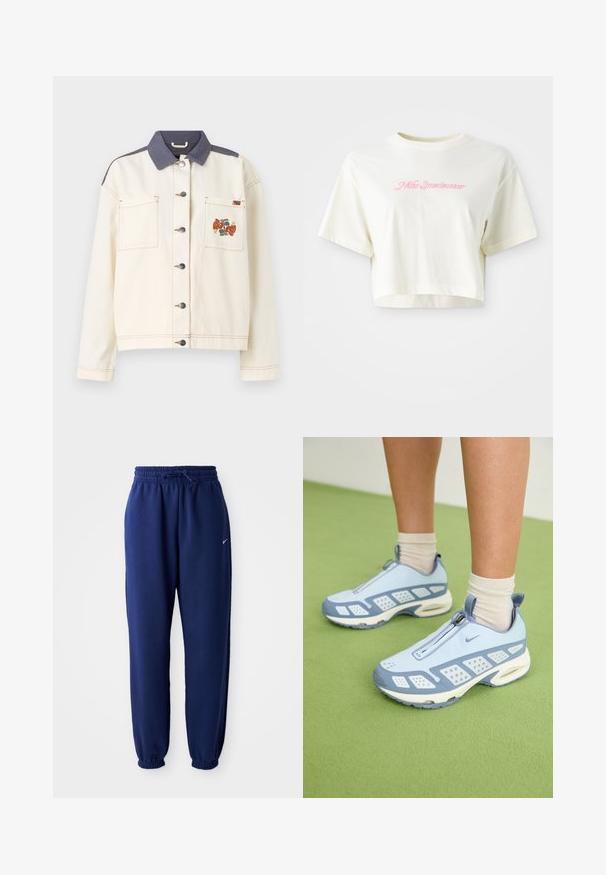 Crème-kleurige denim jacket met een donkerblauwe kraag, twee voorkruiszakken, zilveren knopen en een kleurrijk borduurpatroon op de linkerkruiszak.; Korte, crèmekleurige t-shirt van katoen. Heeft een roze geborduurd logo met de tekst "Nike Sportwear." Korte mouwen en een ronde halslijn.; Marineblauwe joggingbroek van zachte stof, met een elastische tailleband met trekkoord, elastische boorden en een klein wit logo.; Lichtblauwe sportieve schoenen met witte accenten, textuurpanelen en een ritsluiting. Voorzien van een zichtbare luchtkussenzool en een rubberen buitenzool.