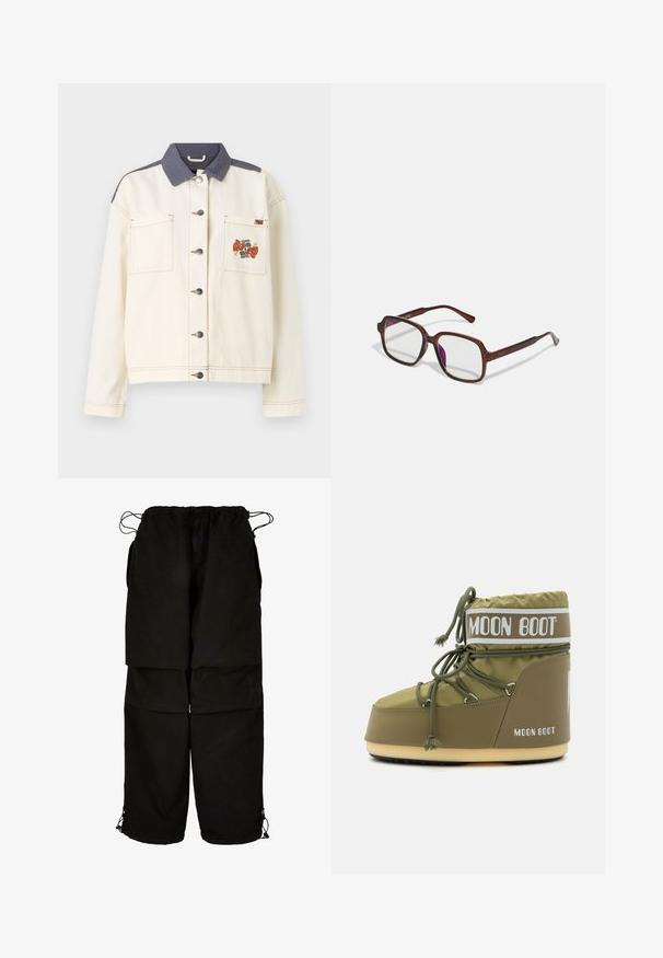 Giacca di jeans color crema con colletto blu scuro, due tasche frontali, bottoni argentati e un motivo ricamato colorato sulla tasca sinistra.; Top in cotone bianco senza maniche, con scollatura ampia e linea aderente. Tessuto liscio, design semplice e dettagli di cucitura minimi.; Pantaloni neri realizzati in tessuto leggero, con vita regolabile e orli con cordoncino. Progettati con una vestibilità ampia e diverse tasche.; Moon Boot ICON LOW UNISEX - Stivali da neve - khaki; Occhiali rettangolari marroni con lenti trasparenti e tonalità viola. Montatura in plastica liscia con stanghette dritte e accenti sottili.; Borsa hobo in pelle nera con design morbido, ampia tracolla e texture liscia. Presenta una chiusura con zip laterale.