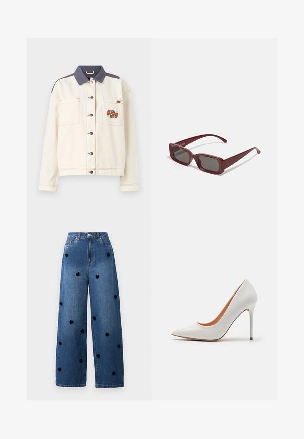 Cremefarvet denimjakke med en mørkeblå krave, to forlommer, sølvknapper og et farverigt broderet mønster på venstre lomme.; Sort langermet bodysuit med høj hals, fremstillet af solidt stof på torsoen og gennemsigtigt mesh på ærmerne, designet i en tætsiddende form.; Bredde ben blå denimjeans med sorte blomsterapplikationer spredt over stoffet. Har en høj talje og klassisk fem-lomme design.; Hvid patentlæder højhælet pumpe med spids tå og slank stiletto-hæl, der har en glat overflade og en beige inderside.; Bordeaux rektangulære solbriller med mørke linser, tykke stel og aftagende tempoer. Lavet af glat plast med en glat tekstur.