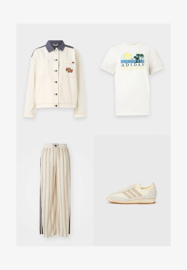 Krémová džínsová bunda s tmavě modrým límcem, dvěma předními kapsami, stříbrnými knoflíky a barevným vyšívaným vzorem na levé kapsy.; Bílá bavlněná tričko s grafickým designem obsahujícím slunce, palmové stromy a vodu. Nápis "ADIDAS Sports Club" vytištěný zelenou a žlutou barvou.; Krémové široké kalhoty s cikcak vzorem, s černým logem na pásu a černými pruhy po stranách. Lehčí, texturovaná tkanina.; Krémové sportovní tenisky s třemi béžovými pruhy, z velurové a textilní materiály, s texturovanou podrážkou a embosovaným logem na patě.