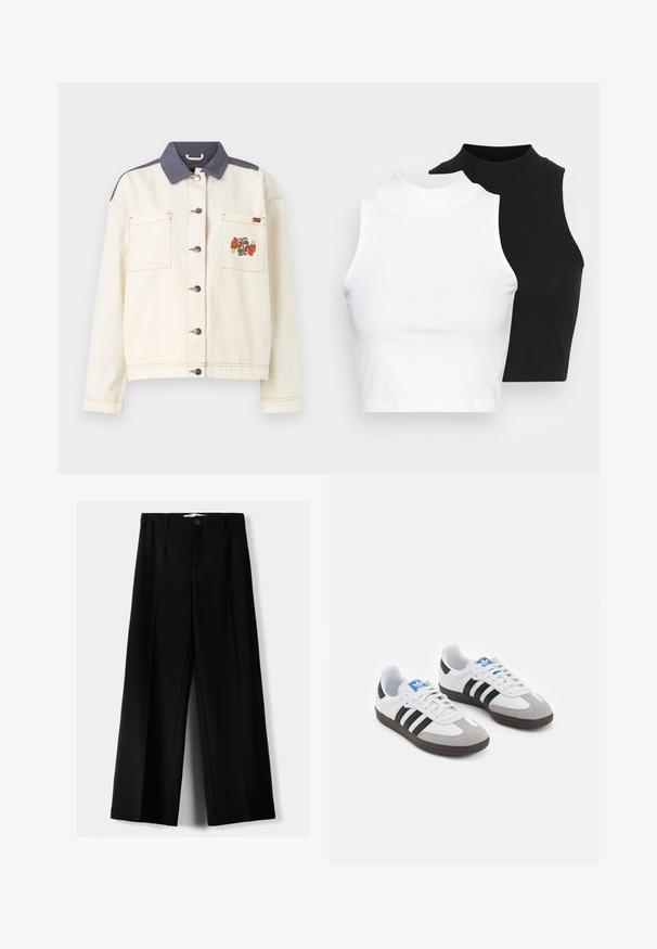 Cream-colored denim jacket with a dark blue collar, two front pockets, silver buttons, and a colorful embroidered pattern on the left pocket.; Two sleeveless ribbed turtleneck tops in black and white, featuring a fitted design and smooth texture, with cropped length.; Black wide-leg trousers made of lightweight fabric, featuring a front button closure and flat front, with neatly stitched hems.; Sport shoes with a white leather upper, gray suede toe, and three black stripes. Features a blue logo on the tongue and a textured rubber sole.