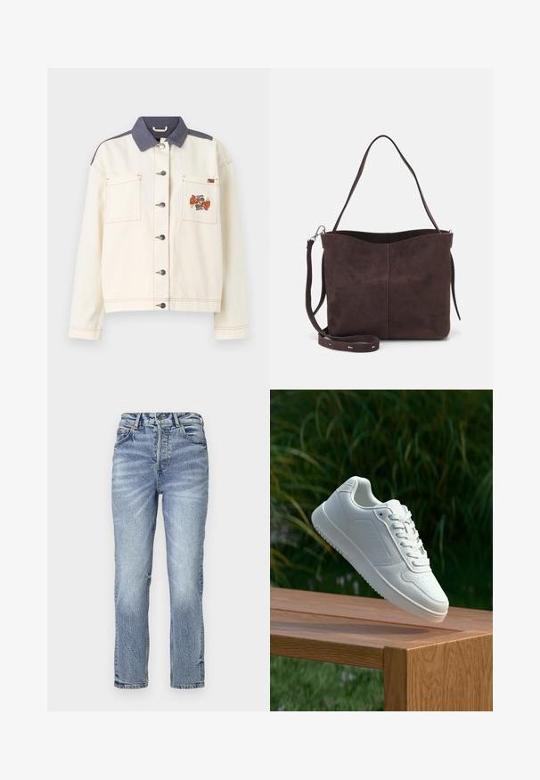 Cream-colored denim jacket with a dark blue collar, two front pockets, silver buttons, and a colorful embroidered pattern on the left pocket.; White short-sleeve top featuring a relaxed fit, lightweight texture, and rounded neckline. Back view shows smooth, simple design.; Light blue denim jeans with a straight fit, high waist, faded texture, and five pockets. Features metal button and zipper closure.; White sneaker with a smooth synthetic upper, perforated toe box, flat laces, and a textured sole, displayed on a wooden surface.; Brown suede tote bag with a soft texture, featuring a single shoulder strap and a subtle curved top opening. No visible hardware details.