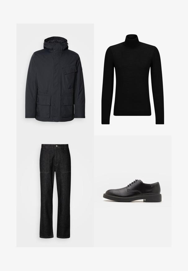 Casaco preto isolado com capuz destacável, duas grandes bolsas frontais e uma bolsa no peito com fecho de zip. Apresenta fechos de botão e mola.; Pulôver de gola alta preto, feito de material suave, com mangas longas e ajuste justo. Acabamento canelado na barra e punhos. Design simples.; Calças de ganga pretas com perna reta, costuras visíveis e fecho de botão à frente. Inclui dois bolsos laterais e dois bolsos traseiros.; Sapatilha preta em couro, com atilhos, ponta arredondada, textura suave, costura mínima e um salto baixo em borracha. Logotipo no calcanhar.